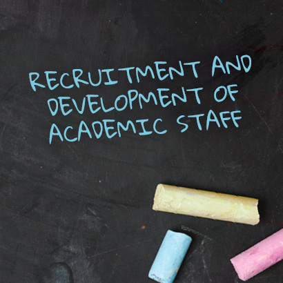 Recruitment and development of academic staff written on a backboard and 3 coloures chalckes