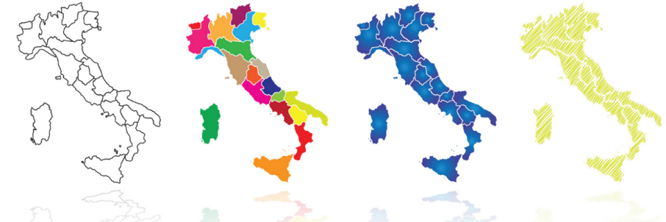 4 immagini della cartina dell'Italia con diversi colori