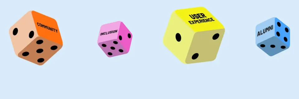 Four gaming dice on a light blue background, showing the words: "inclusion", "alumni", "community" and "User experience".