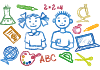 Bambino e bambino stilizzati con icone di materie scolastiche che li circondano