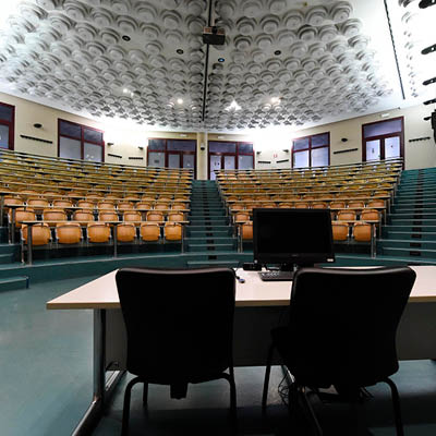 lecture theatre with blue floor 