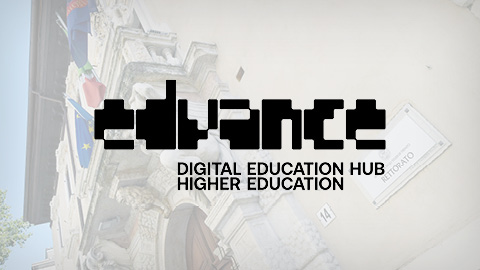 Logo Edvance con sfondo foto Rettorato