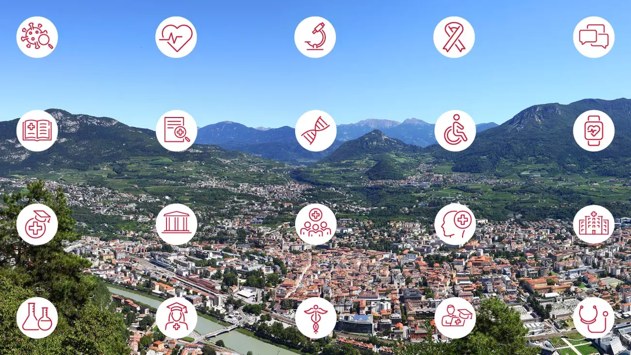 visual assemblea pubblica di ateneo 2024 panorama di Trento con icone medicina e salute