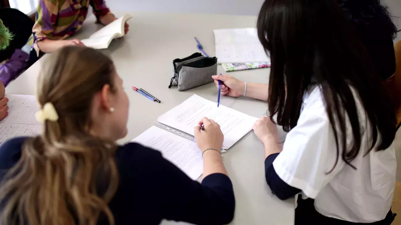 studentesse di schiena che studiano insieme guardando appunti