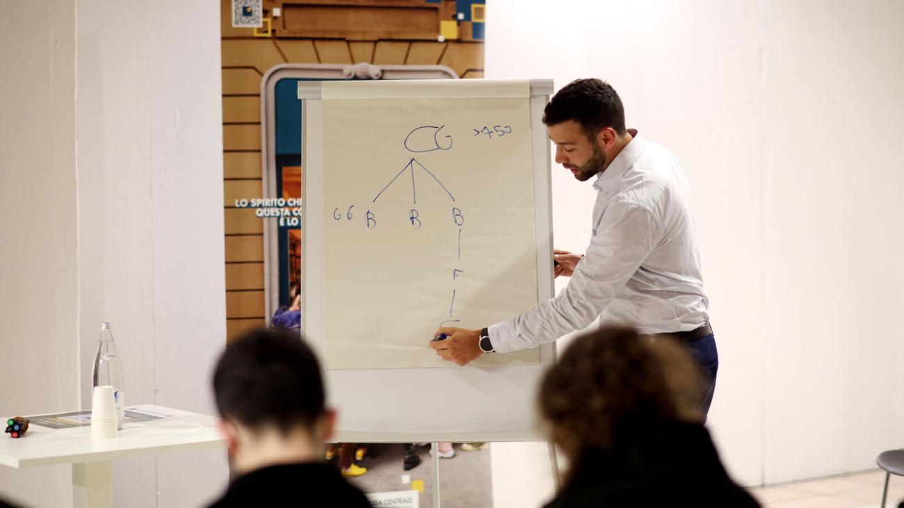Presentazione aziendale, persona con lavagna e pennarello