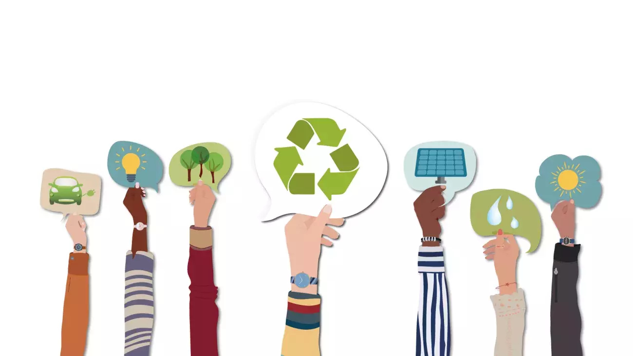 illustrazione Green Guide UniTrento, mani con simboli ecologia e riciclo