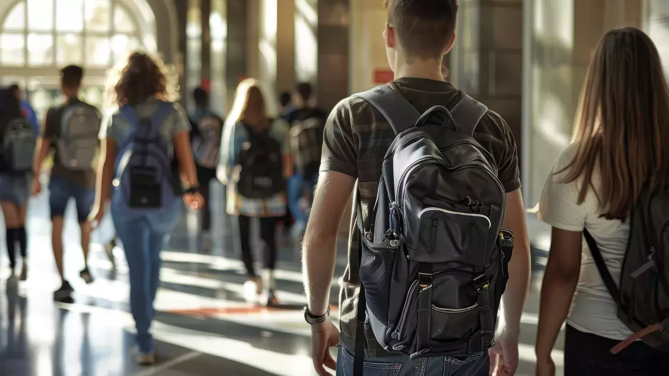 studenti visti da dietro che camminano in un grande corridoio