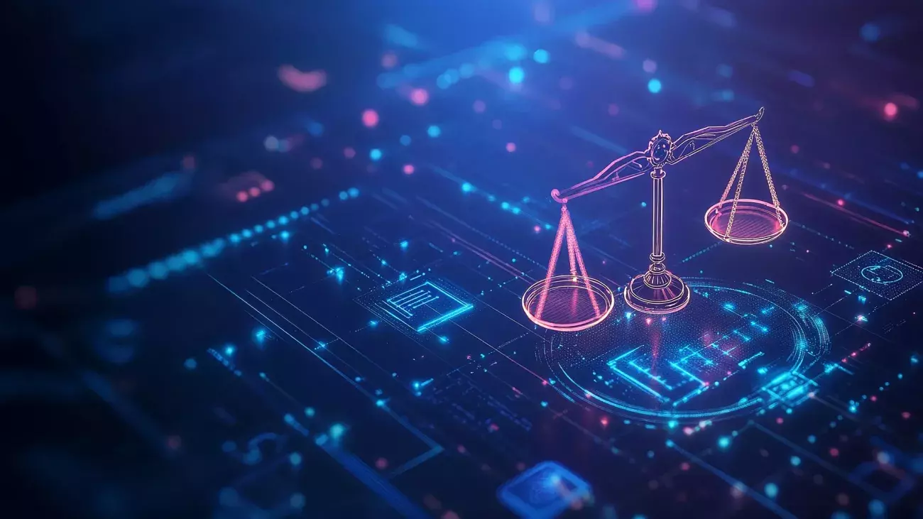 illustrazione con bilancia e background digitale astratto