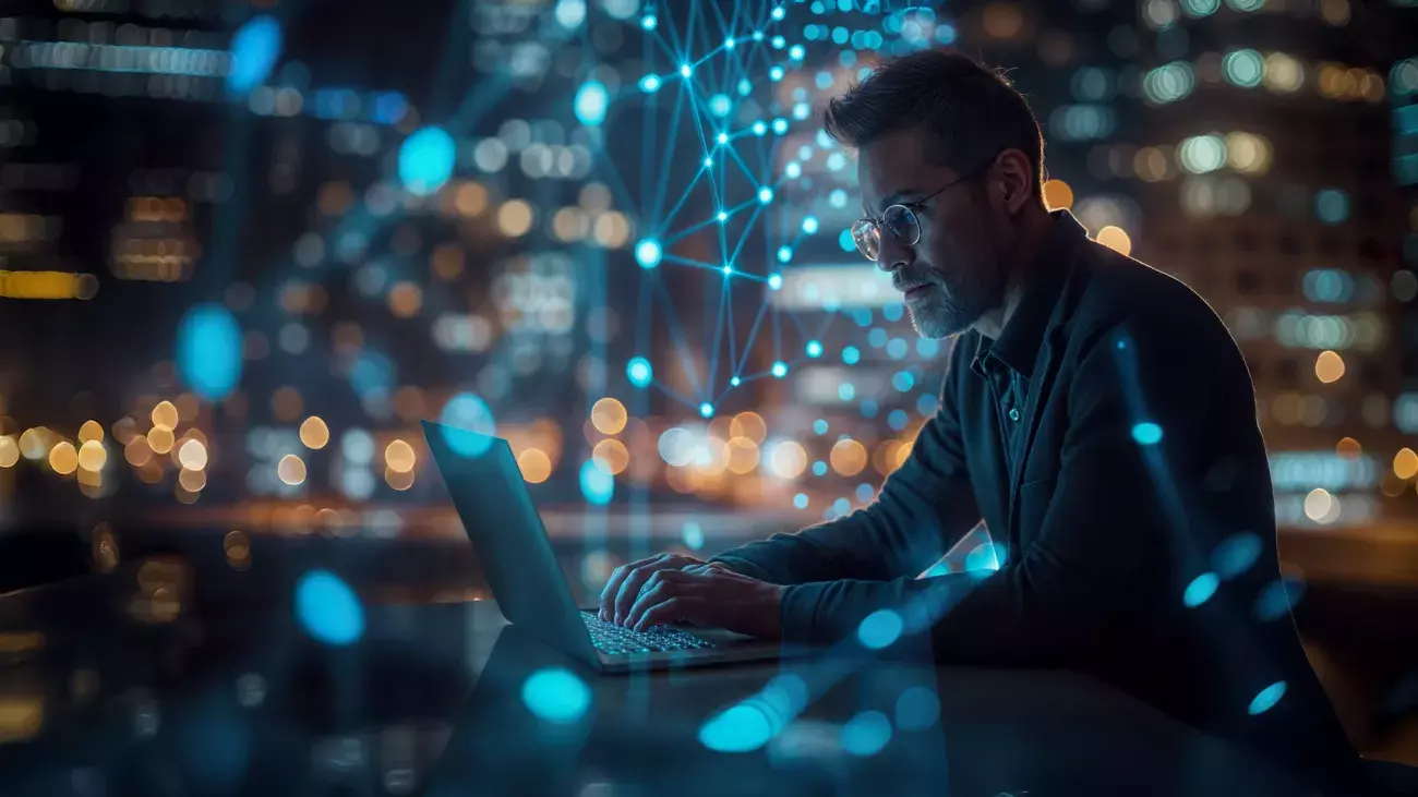 persona al computer con background astratto